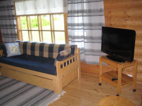 a living room with a couch and a television at Ruka-Kitkan lomamajat in Käylä