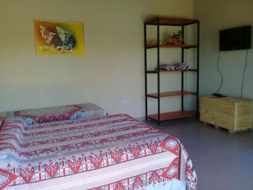 1 dormitorio con 1 cama, TV y estante en Cabañas La Joaquina en Río Ceballos