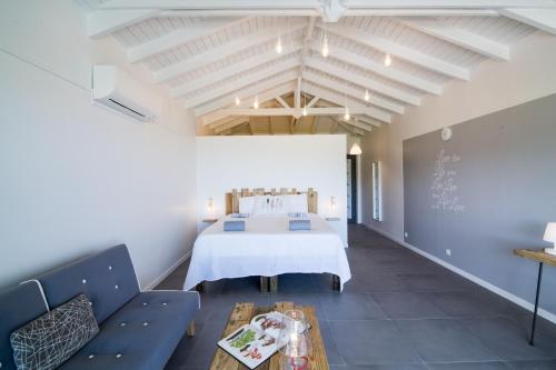 a bedroom with a bed and a couch and a table at Villa Jwi Lavi Boutique Hotel in Saint Martin