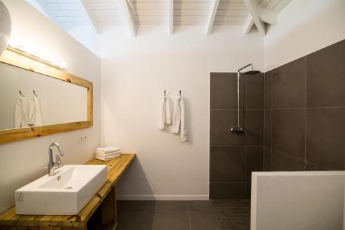 a bathroom with a sink and a shower at Villa Jwi Lavi Boutique Hotel in Saint Martin