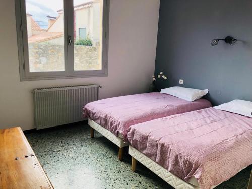 2 camas en una habitación con ventana en Villa Les Oliviers en Salses-le-Chateau