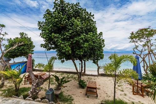 a beach with a tree and chairs and the ocean at Rama Homestay in Nusa Penida