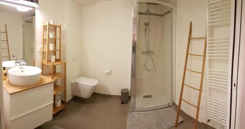 une salle de bain avec une douche, un lavabo et des toilettes dans l'établissement Belopale @ Résidence La Belle Epoque, à Wimereux