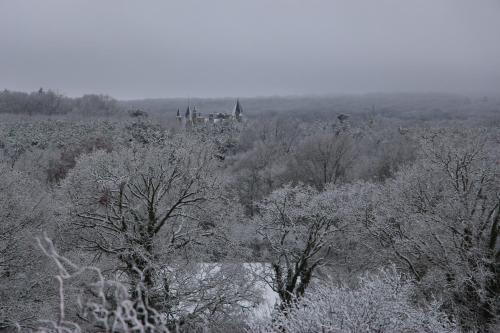 a snowy field with trees and a castle in the distance at La Troliere in Autry-Issards