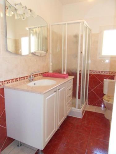 une salle de bain avec un lavabo et une douche dans l'établissement Superbe villa vue mer avec piscine a debordement, à Sari-Solenzara