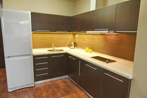 a kitchen with a white refrigerator and a sink at Velestovo House in Ohrid
