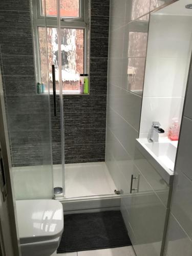 a bathroom with a shower and a toilet and a window at Liverpool townhouse in Liverpool