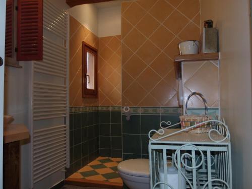 a bathroom with a toilet and green tiles at Gîte de Rouviac in Castelnau-Pégayrols