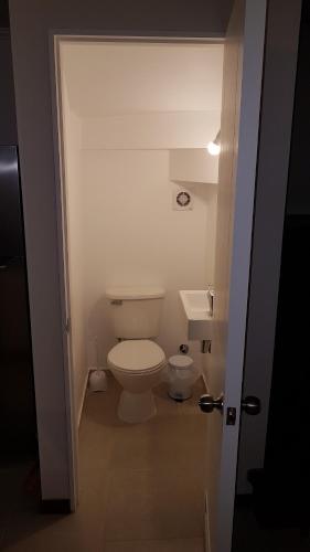a small bathroom with a toilet and a sink at Los robles II Pucon Casa Preciosa, FULL EQUIPADA in Pucón