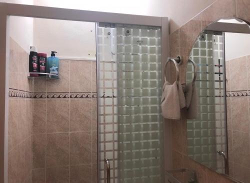 a bathroom with a glass shower with a mirror at Exotic Copa Cabana Beachftont in Flic-en-Flac