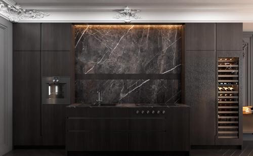a black kitchen with a sink and a wine cellar at LUXURY SUITES - free parking in Drama