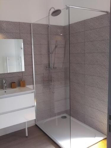 a shower with a glass door in a bathroom at A deux pas du Rheby in Villebois