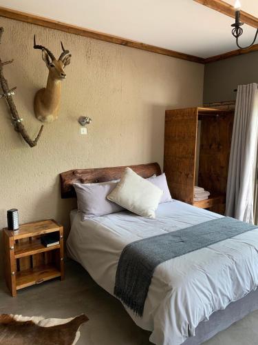 a bedroom with a bed with a deer head on the wall at Country Lodge in Upington
