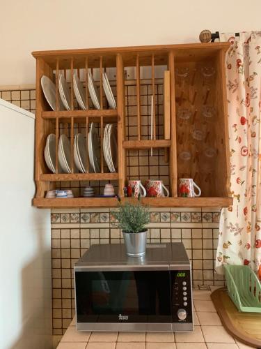 a microwave in a kitchen with a pot on top of it at Casa Tanajara in El Pinar del Hierro