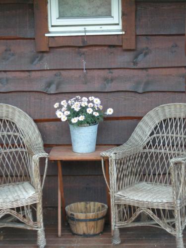 two wicker chairs and a table with a pot of flowers at Skjerping gård in Lonevåg