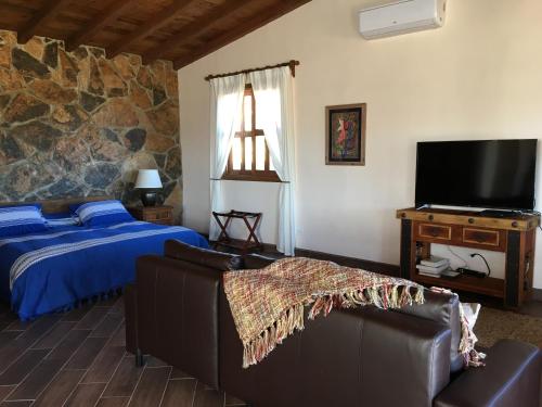 a bedroom with a bed and a flat screen tv at En'kanto Valle de Guadalupe in San Marcos