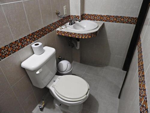 a bathroom with a toilet and a sink at Hotel Posada Las Casas in San Crist&oacute;bal de Las Casas