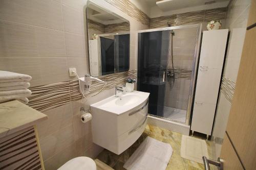 a bathroom with a toilet and a sink and a shower at Hotel Pansion Villa Antonio in Orebić