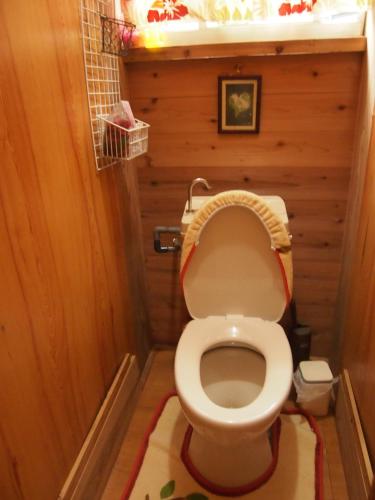 a bathroom with a toilet with a rug on the floor at Tirol in Yakushima