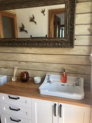 a bathroom with a sink and a mirror at Little Church Bay in New Plymouth
