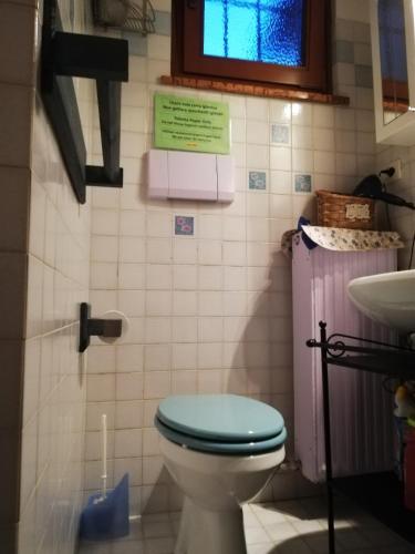 a bathroom with a toilet and a sink at Casetta next to the Creek Dino Buzzati in Belluno