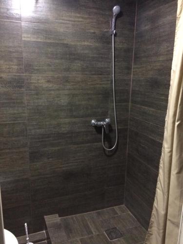 a bathroom with a shower with a wooden wall at Mega city in Kyiv