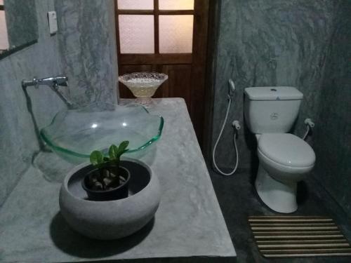 a bathroom with a sink and a toilet and a glass bowl at Kuma Beach side Villa in Wadduwa