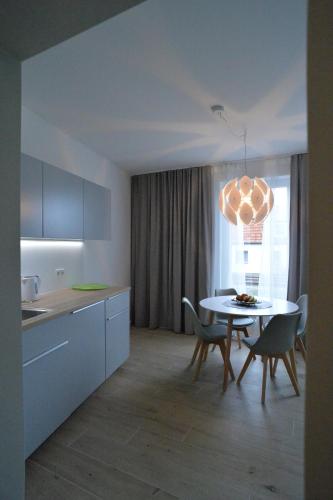 Grey House Apartments Grossbeeren في غروسبيرن: مطبخ وغرفة طعام مع طاولة وكراسي