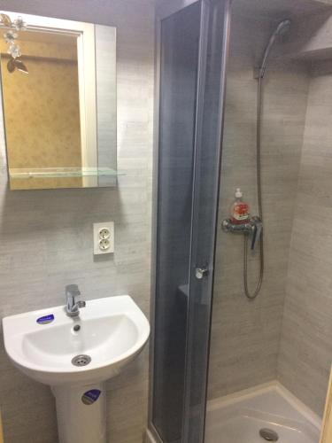 a bathroom with a sink and a shower at Mega city in Kyiv