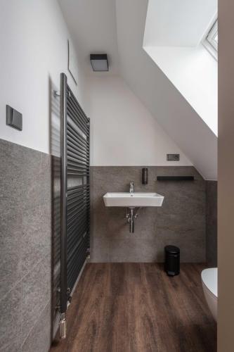 a bathroom with a sink and a toilet at Hotel Královka in Bedřichov