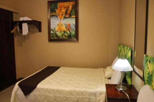 a bedroom with a bed and a painting on the wall at Hotel Las Colinas in Fortuna