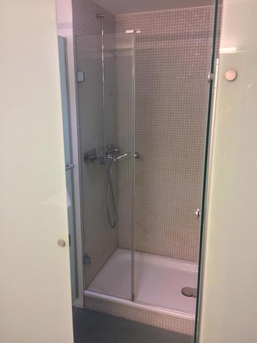 a shower with a glass door in a bathroom at Kloster Dornach / Basel in Dornach