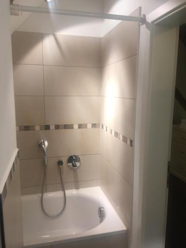 a shower in a bathroom with a tub at Ferienwohnung Loh 2 in Dießen am Ammersee