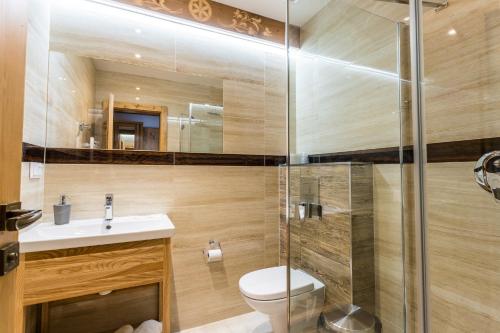 a bathroom with a toilet, sink, and shower at Hotel Palatín in Oravský Podzámok