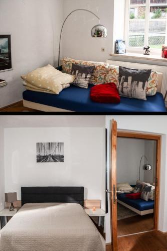two pictures of a bedroom with a bed at Alexander in Innsbruck