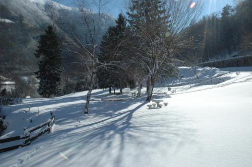 un sentiero coperto da neve con alberi e una montagna di Appart Résidence Le Chili - Lit fait - Parc - Quartier thermal a Luz-Saint-Sauveur