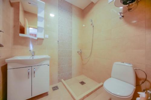 a bathroom with a toilet and a sink and a shower at Apartments Sole Mar in Sutomore