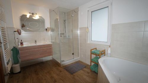 a bathroom with a shower and a tub and a sink at Ferienhaus am Rehberg in Eisenach