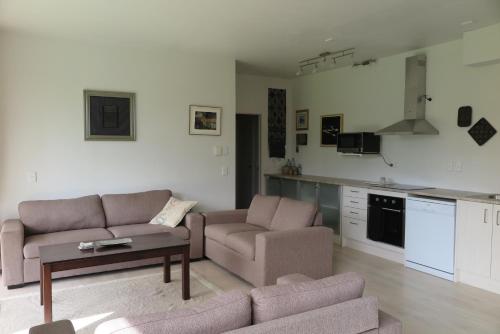 a living room with two couches and a kitchen at Kaka Lodge at Kotare House in Tawharanui