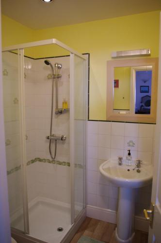 un baño con ducha y lavabo en Skerries B and B, en Lyme Regis