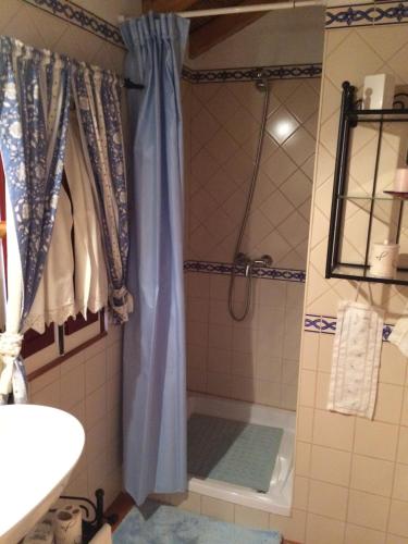 un bagno con doccia e tenda da doccia blu di Quarto Monte Ninho das Perdizes a Cercal