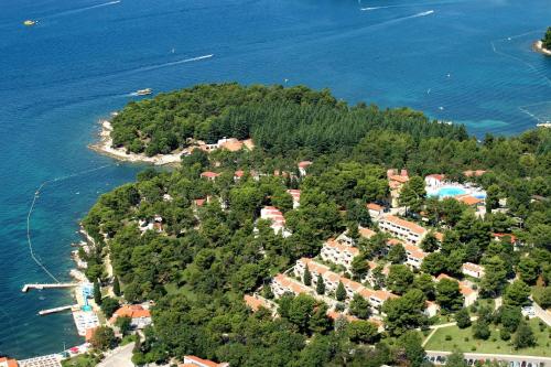 an aerial view of a small island in the water at Apartments Bellevue Plava Laguna in Poreč