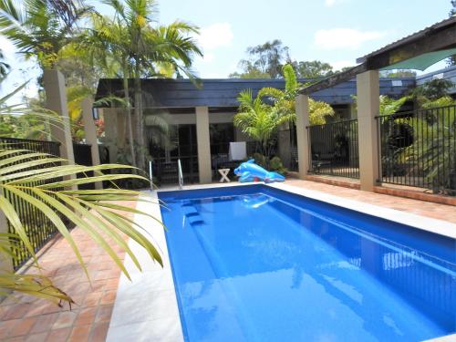 a man standing in front of a swimming pool at Shady Grove B&B in Hervey Bay