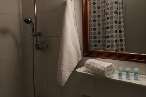 a bathroom with a shower and a sink with towels at Famissi Hotel in Kalabaka