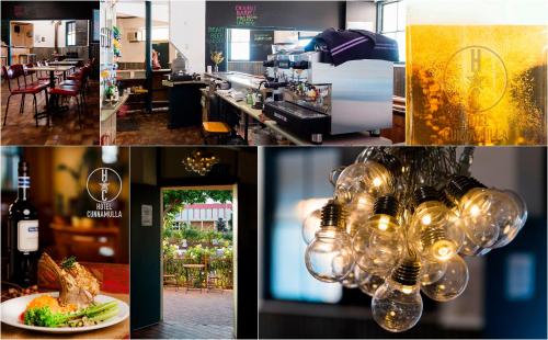 a collage of four pictures of a restaurant with lights at Hotel Cunnamulla in Cunnamulla