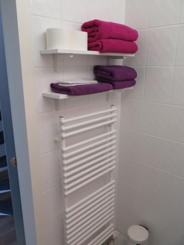 a bathroom with pink and purple towels on shelves at Swiss Seeblick Apartment mit Hotelanbindung in Beatenberg