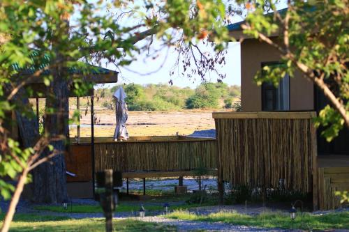 a woman standing on a deck of a house at Thobolo's Bush Lodge in Kachikau