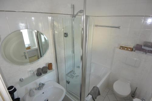 a bathroom with a shower and a toilet and a sink at Haus Erli in Mittenwald