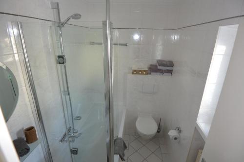 a white bathroom with a shower and a toilet at Haus Erli in Mittenwald