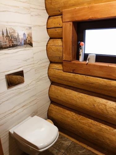 a bathroom with a toilet in a wooden wall at Зимова казка in Tatariv